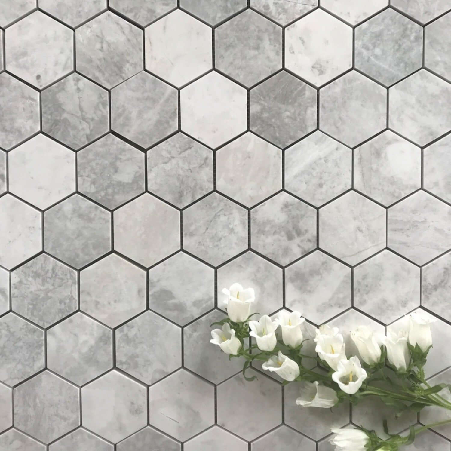 Alicha 2" Hexagon Polished Mosaic in White & Gray Marble, 10.5"x12