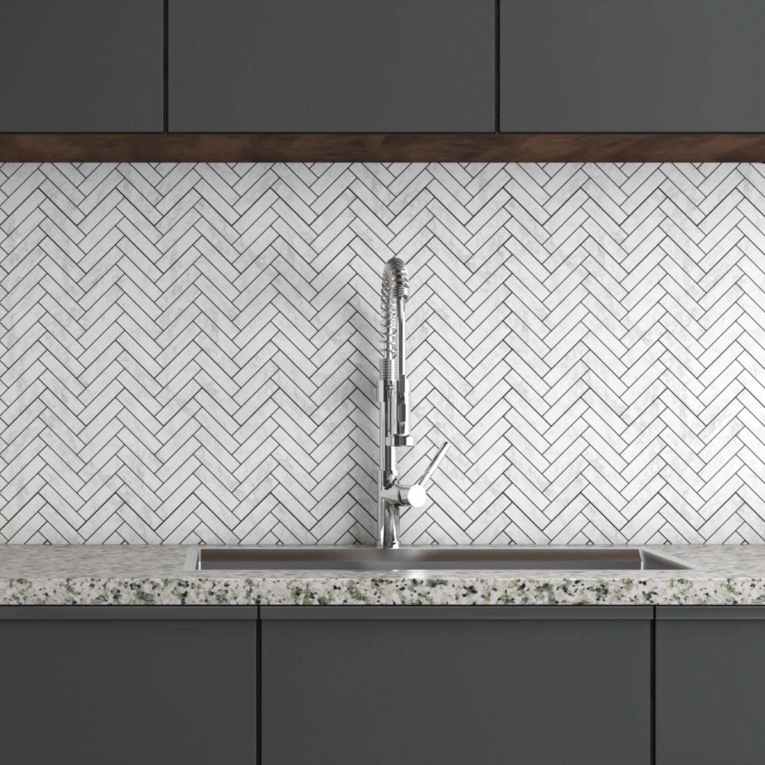 Polished White Marble Mosaic in Herringbone Pattern, 11"x11.5" (Individual Chip Size 1"x4")