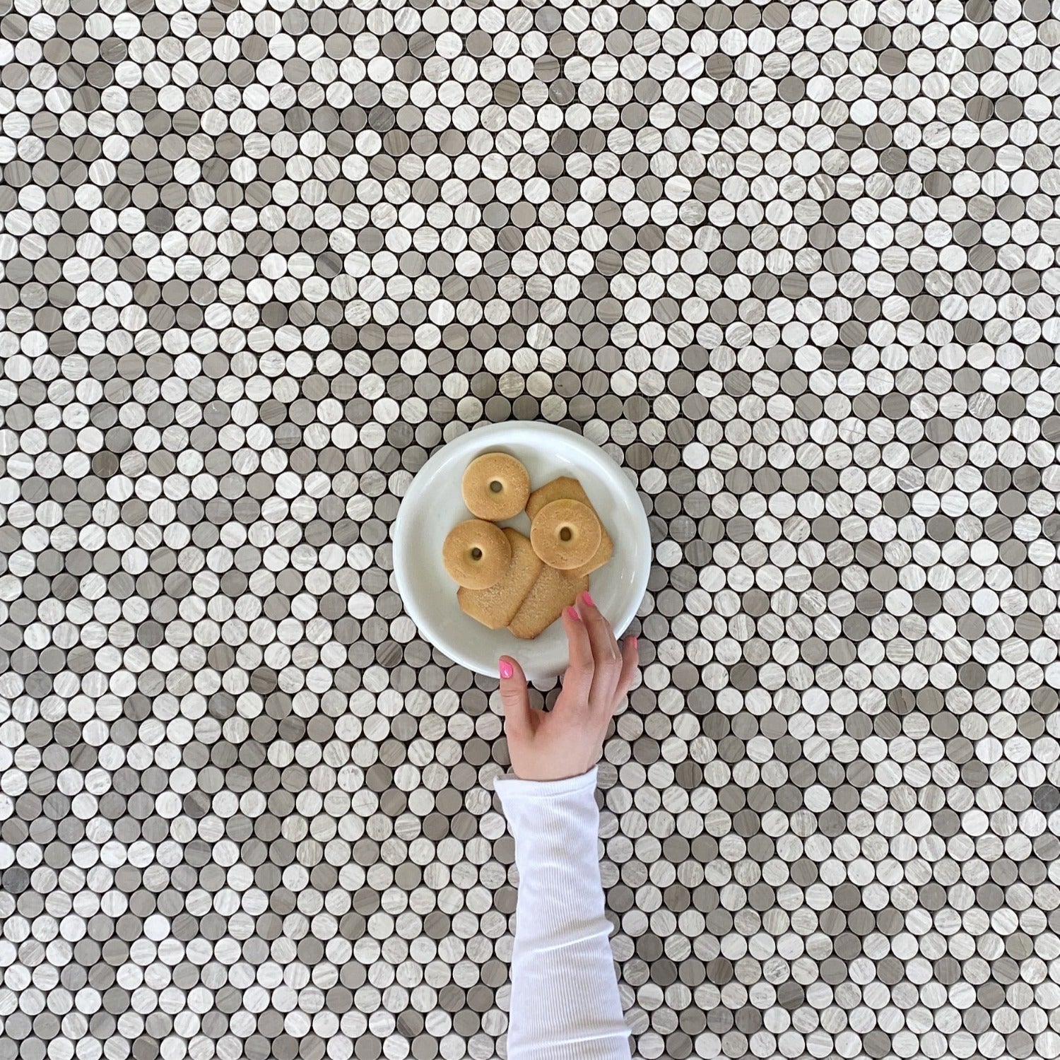 Oyster Gray Penny Round Mosaic Polished Mixed With Athens Gray Ma...