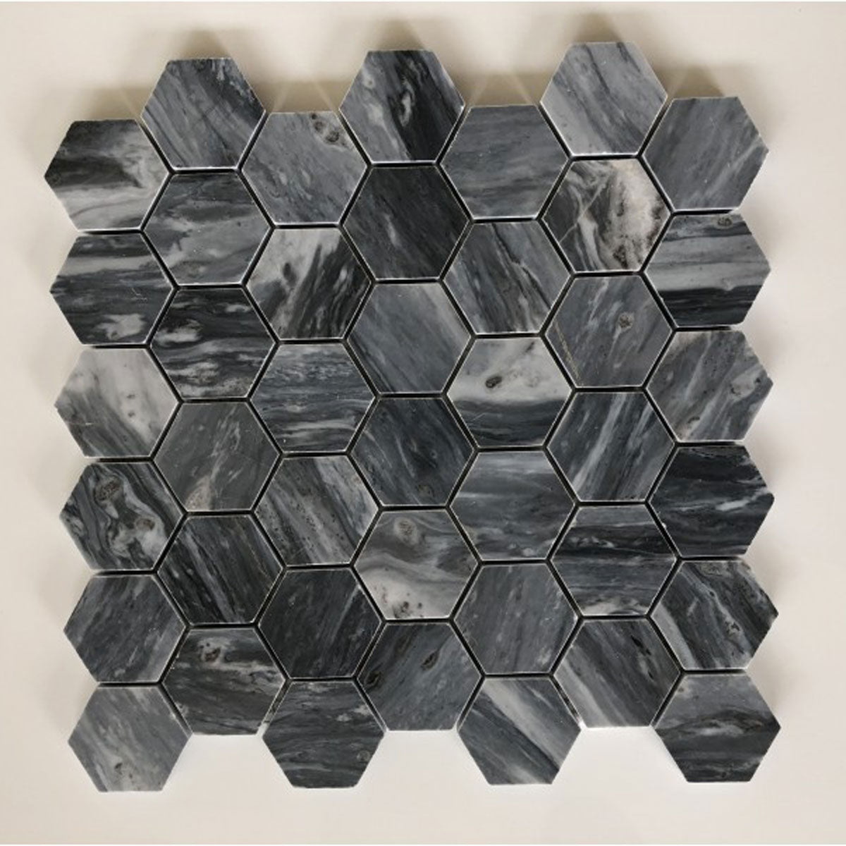 Elegant Bardiglio Hexagon Mosaic Marble - Polished 12"x12" (2" Chips)